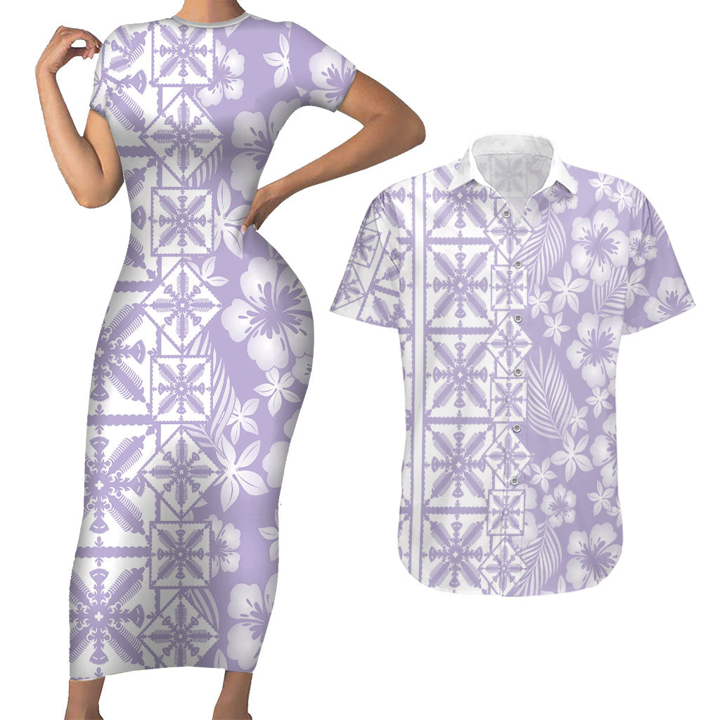 Pastel Purple Kahili Quilt Hawaii Couples Matching Short Sleeve Bodycon Dress and Hawaiian Shirt Tropical Flower Seamless Half Style