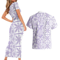 Pastel Purple Kahili Quilt Hawaii Couples Matching Short Sleeve Bodycon Dress and Hawaiian Shirt Tropical Flower Seamless Half Style