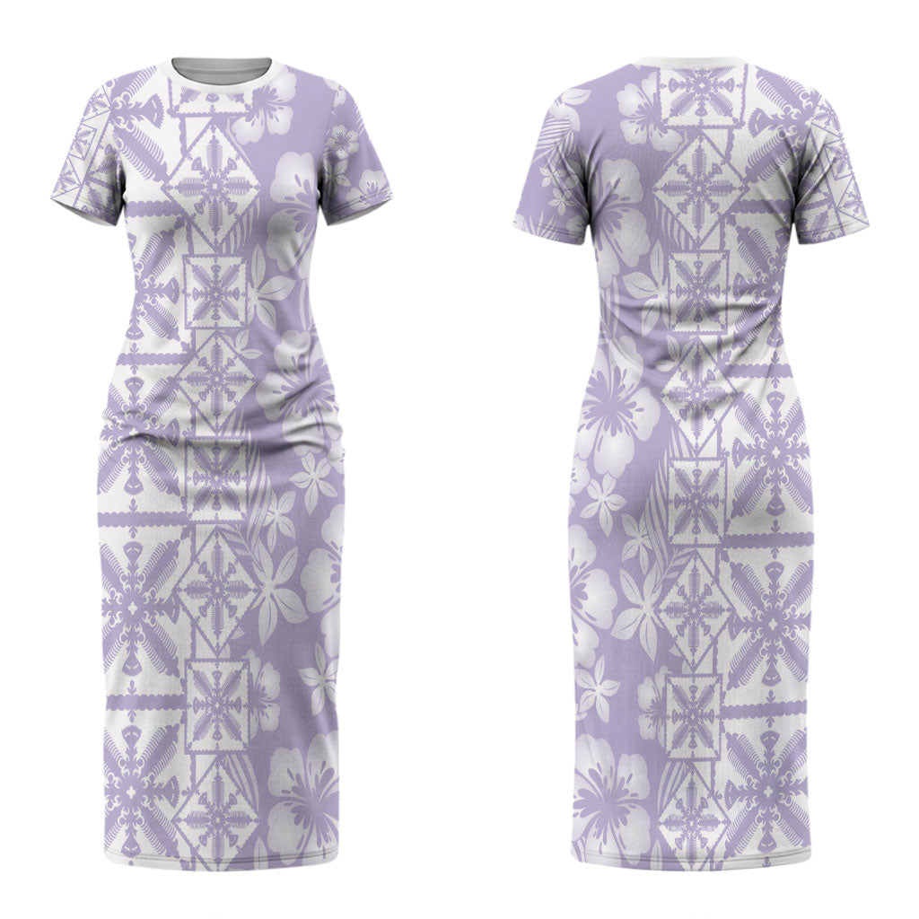Pastel Purple Kahili Quilt Hawaii Couples Matching Short Sleeve Bodycon Dress and Long Sleeve Button Shirt Tropical Flower Seamless Half Style LT14 - Polynesian Pride