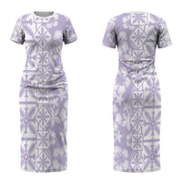 Pastel Purple Kahili Quilt Hawaii Couples Matching Short Sleeve Bodycon Dress and Long Sleeve Button Shirt Tropical Flower Seamless Half Style LT14 - Polynesian Pride