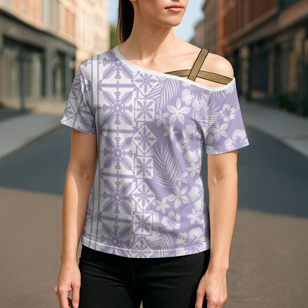 Pastel Purple Kahili Quilt Hawaii Cross Shoulder Shirt Tropical Flower Seamless Half Style