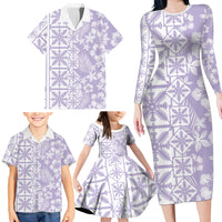 Pastel Purple Kahili Quilt Hawaii Family Matching Long Sleeve Bodycon Dress and Hawaiian Shirt Tropical Flower Seamless Half Style