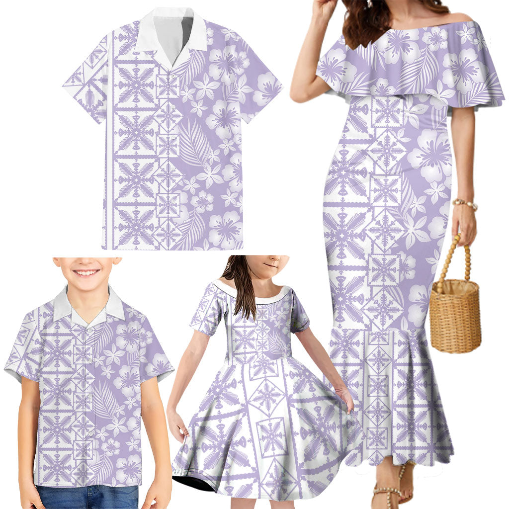 Pastel Purple Kahili Quilt Hawaii Family Matching Mermaid Dress and Hawaiian Shirt Tropical Flower Seamless Half Style LT14 - Polynesian Pride