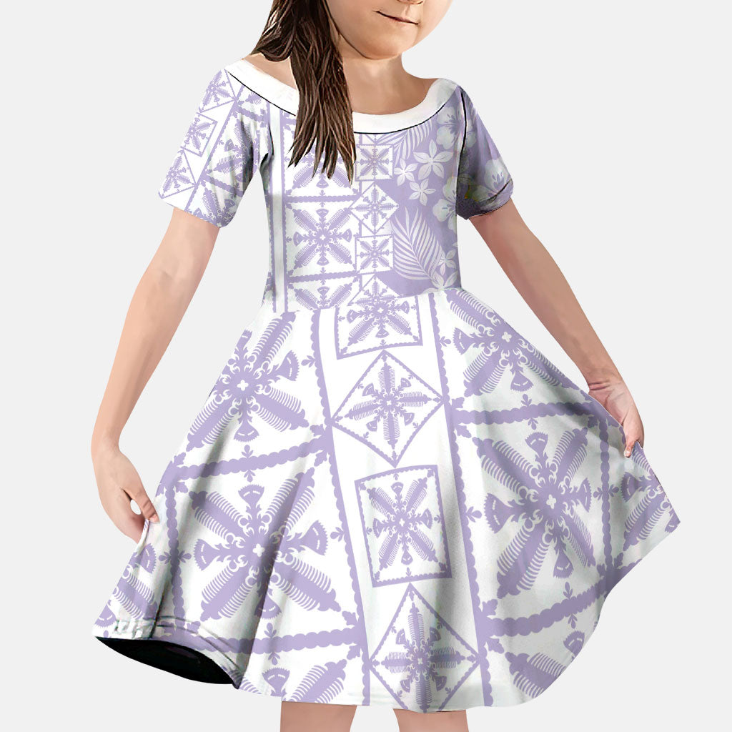 Pastel Purple Kahili Quilt Hawaii Family Matching Off The Shoulder Long Sleeve Dress and Hawaiian Shirt Tropical Flower Seamless Half Style