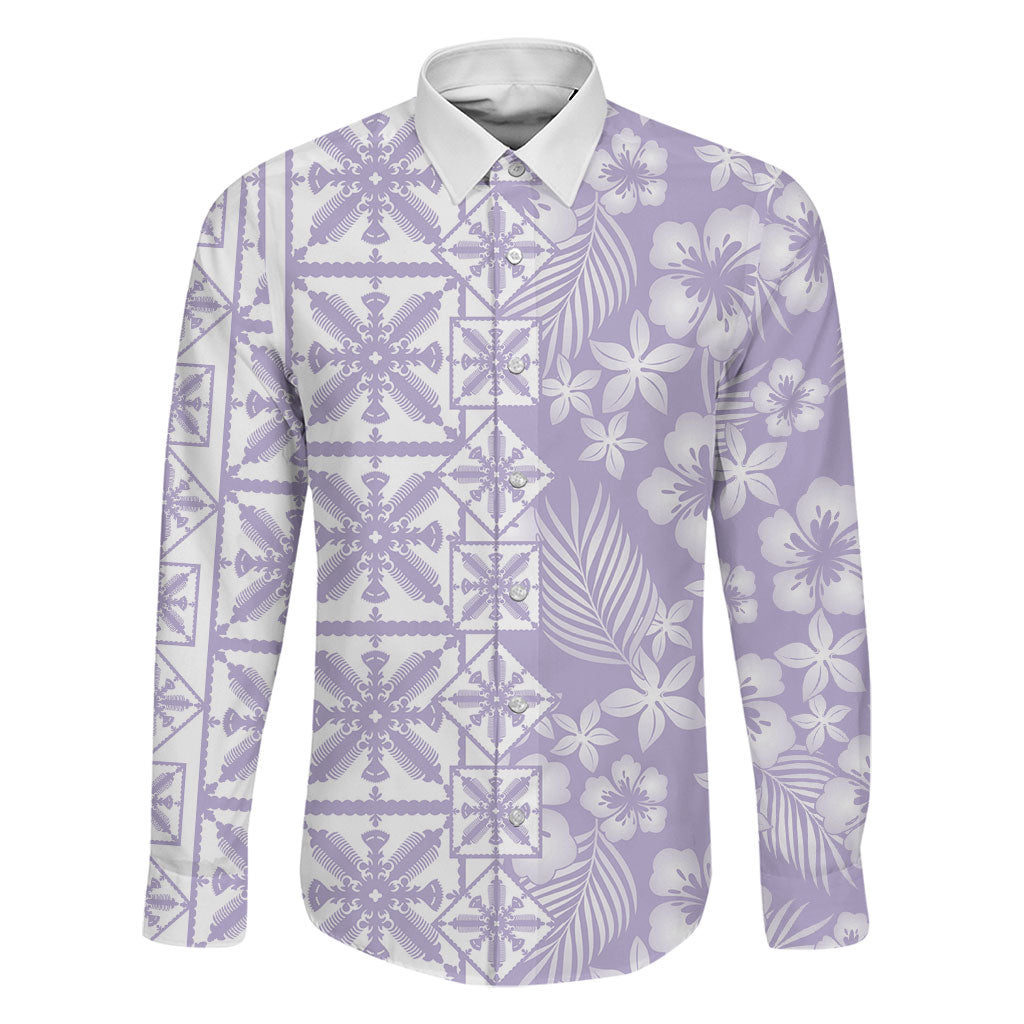Pastel Purple Kahili Quilt Hawaii Family Matching Off The Shoulder Long Sleeve Dress and Hawaiian Shirt Tropical Flower Seamless Half Style