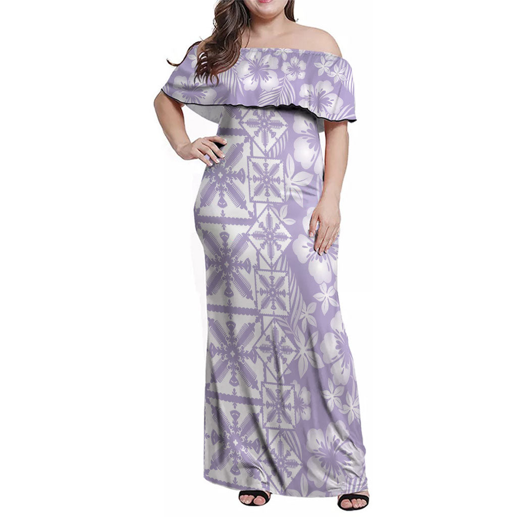 Pastel Purple Kahili Quilt Hawaii Family Matching Off Shoulder Maxi Dress and Hawaiian Shirt Tropical Flower Seamless Half Style