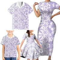 Pastel Purple Kahili Quilt Hawaii Family Matching Short Sleeve Bodycon Dress and Hawaiian Shirt Tropical Flower Seamless Half Style
