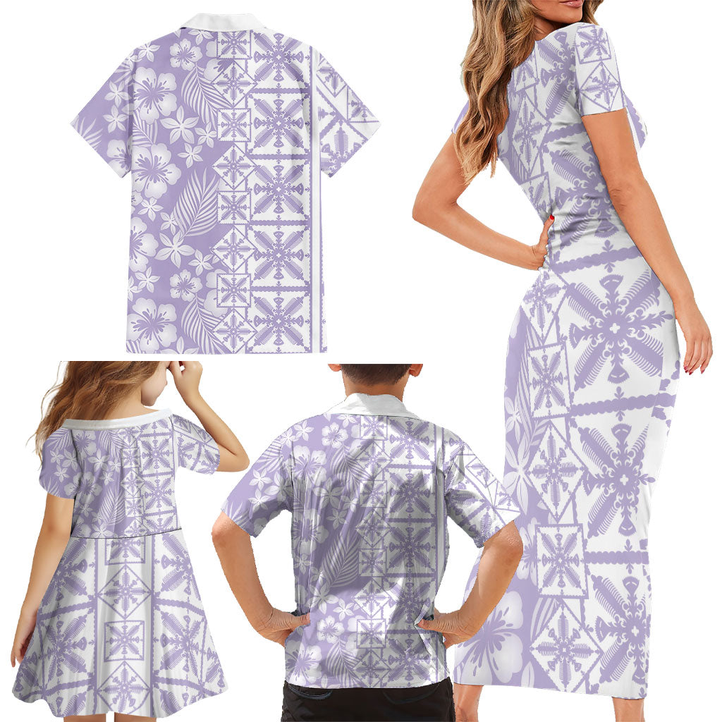 Pastel Purple Kahili Quilt Hawaii Family Matching Short Sleeve Bodycon Dress and Hawaiian Shirt Tropical Flower Seamless Half Style