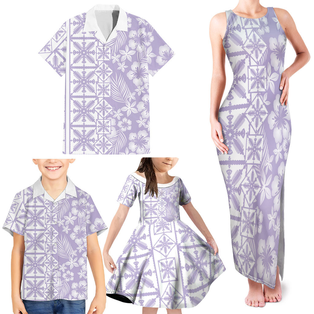 Pastel Purple Kahili Quilt Hawaii Family Matching Tank Maxi Dress and Hawaiian Shirt Tropical Flower Seamless Half Style