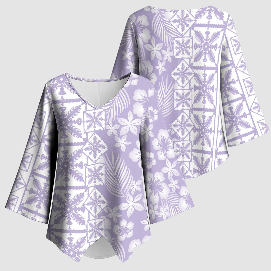 Pastel Purple Kahili Quilt Hawaii Kimono Sleeve Blouse Tropical Flower Seamless Half Style