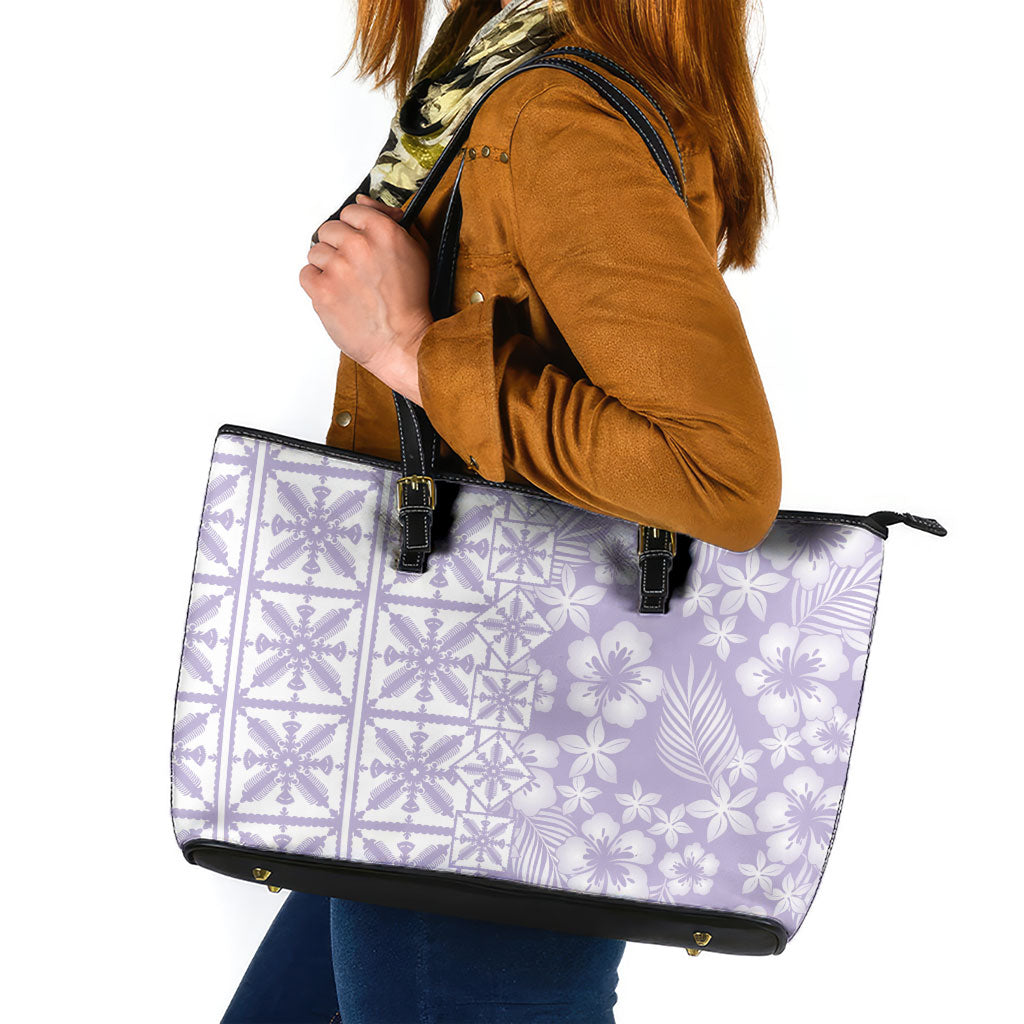 Pastel Purple Kahili Quilt Hawaii Leather Tote Bag Tropical Flower Seamless Half Style LT14 Purple - Polynesian Pride