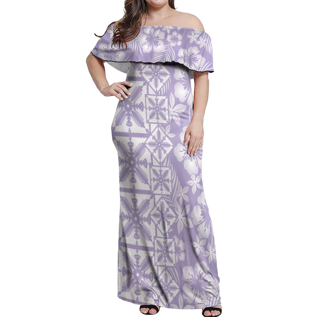 Pastel Purple Kahili Quilt Hawaii Off Shoulder Maxi Dress Tropical Flower Seamless Half Style LT14 Women Purple - Polynesian Pride