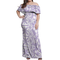 Pastel Purple Kahili Quilt Hawaii Off Shoulder Maxi Dress Tropical Flower Seamless Half Style