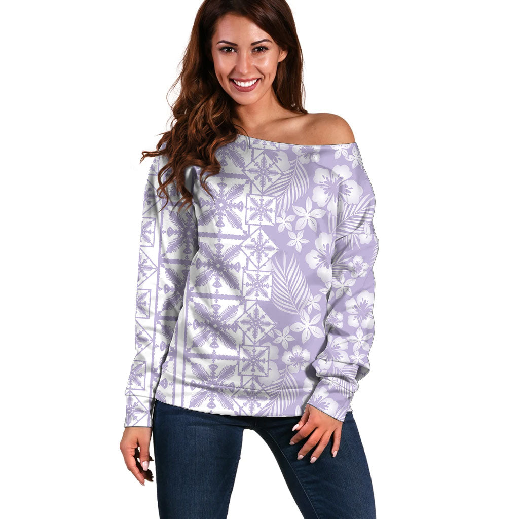 Pastel Purple Kahili Quilt Hawaii Off Shoulder Sweater Tropical Flower Seamless Half Style LT14 Women Purple - Polynesian Pride