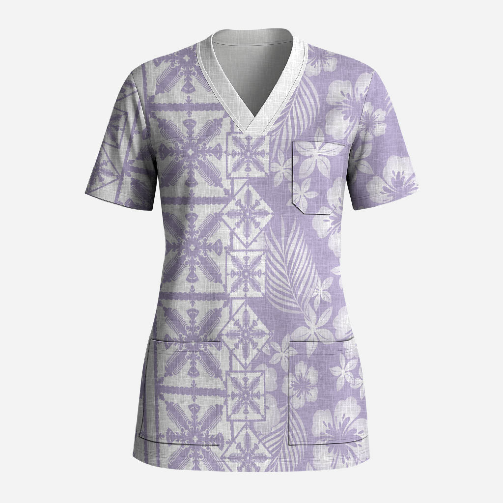 Pastel Purple Kahili Quilt Hawaii Scrub Top Tropical Flower Seamless Half Style LT14 Adult Purple - Polynesian Pride
