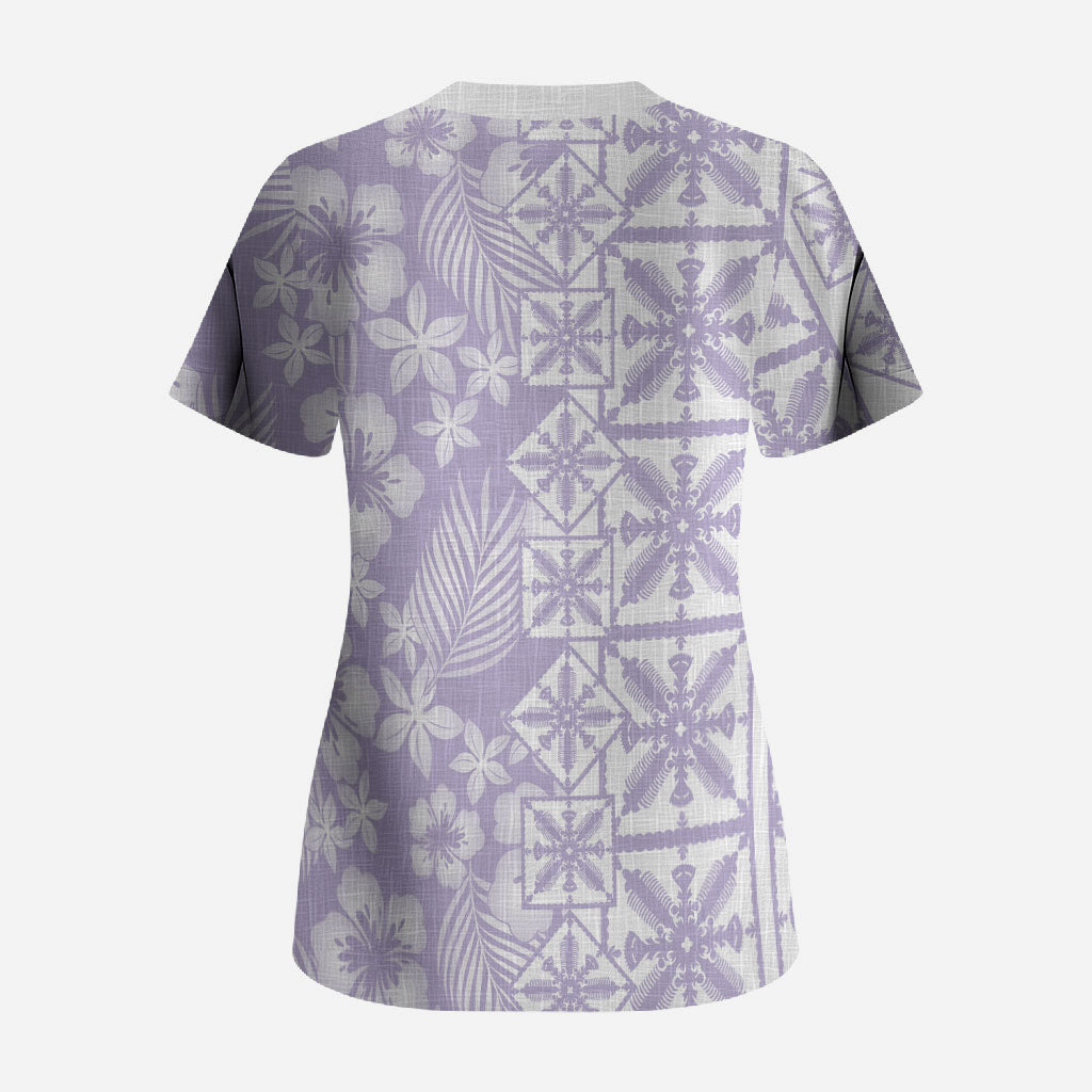 Pastel Purple Kahili Quilt Hawaii Scrub Top Tropical Flower Seamless Half Style