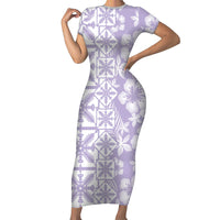 Pastel Purple Kahili Quilt Hawaii Short Sleeve Bodycon Dress Tropical Flower Seamless Half Style