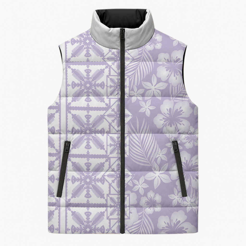 Pastel Purple Kahili Quilt Hawaii Sleeveless Puffer Jacket Tropical Flower Seamless Half Style LT14 Unisex Purple - Polynesian Pride