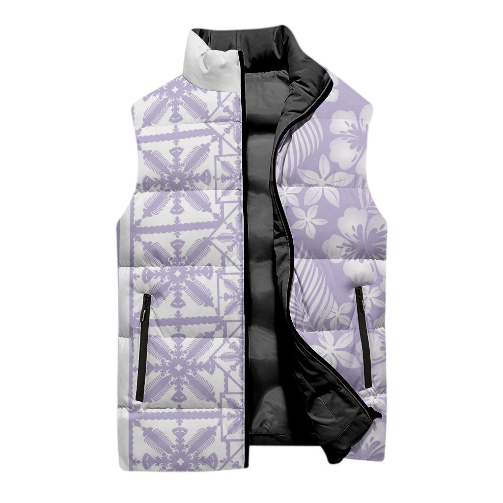 Pastel Purple Kahili Quilt Hawaii Sleeveless Puffer Jacket Tropical Flower Seamless Half Style