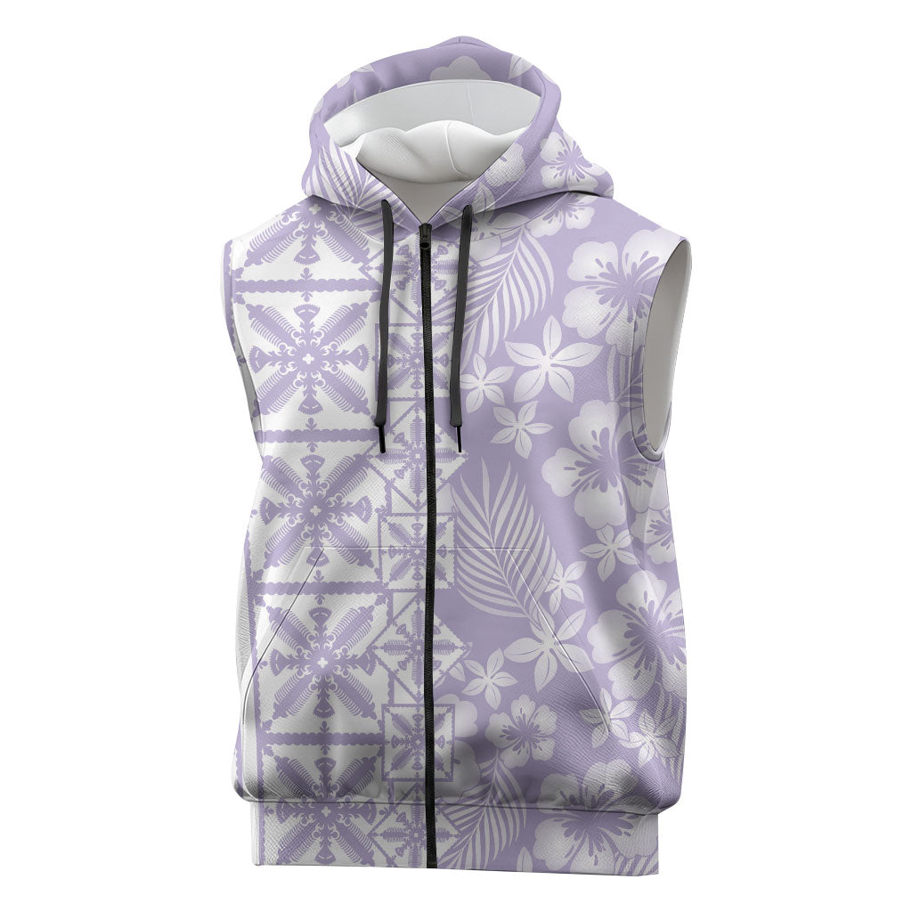 Pastel Purple Kahili Quilt Hawaii Sleeveless Zip Hoodie Tropical Flower Seamless Half Style