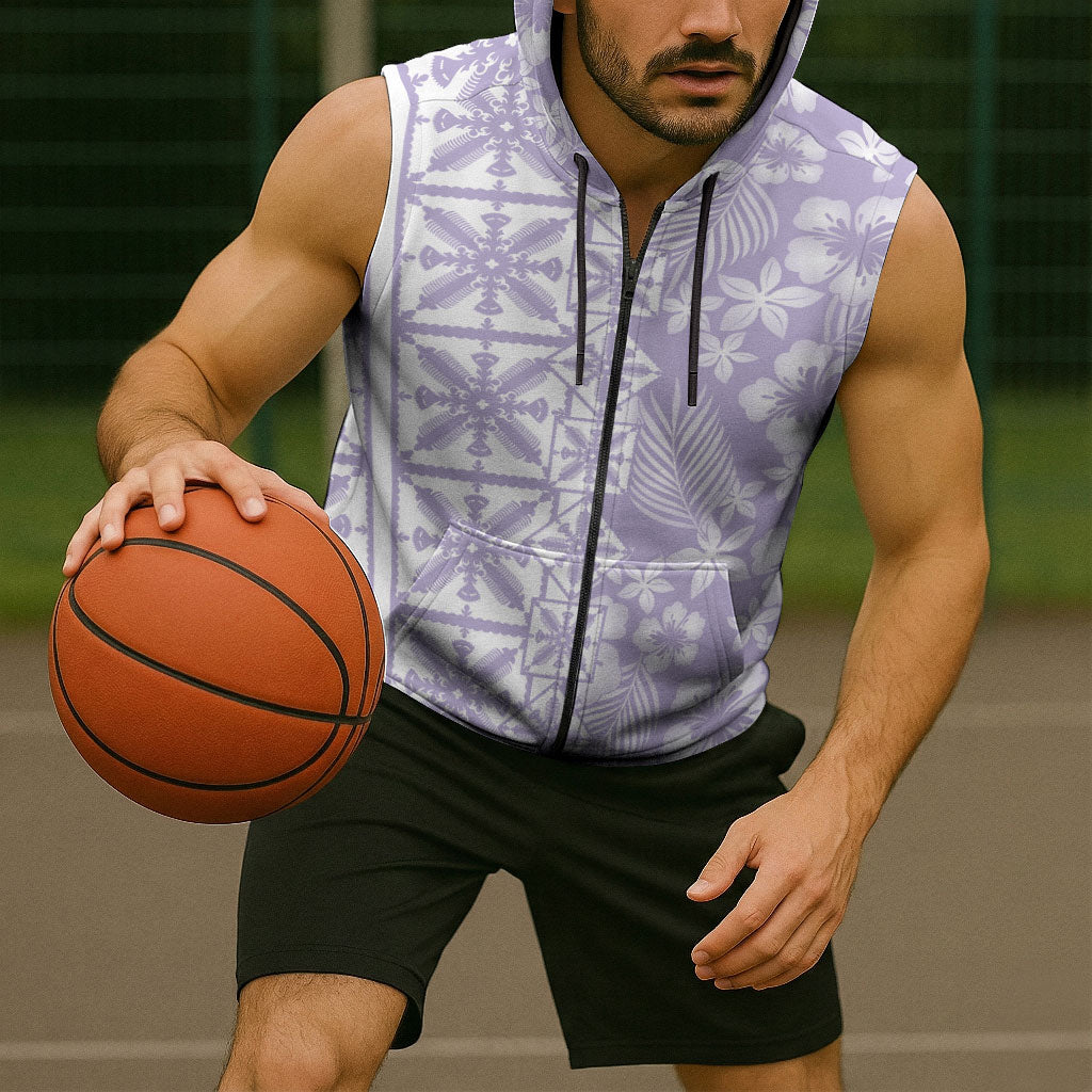 Pastel Purple Kahili Quilt Hawaii Sleeveless Zip Hoodie Tropical Flower Seamless Half Style