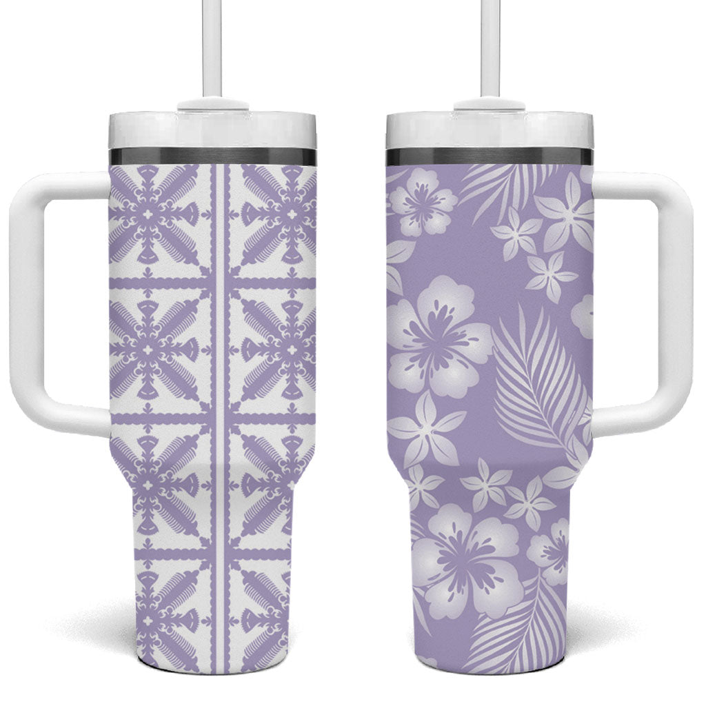 Pastel Purple Kahili Quilt Hawaii Tumbler With Handle Tropical Flower Seamless Half Style LT14 One Size: 40 oz Purple - Polynesian Pride