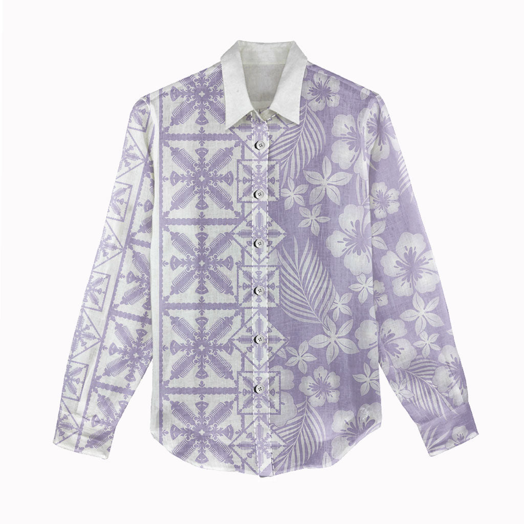 Pastel Purple Kahili Quilt Hawaii Women Casual Shirt Tropical Flower Seamless Half Style
