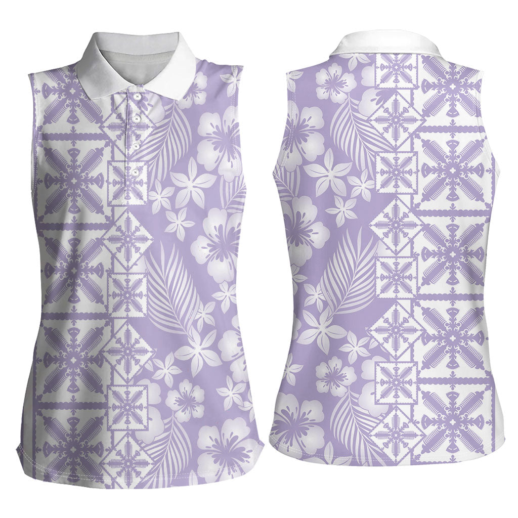 Pastel Purple Kahili Quilt Hawaii Women Sleeveless Polo Shirt Tropical Flower Seamless Half Style