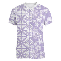 Pastel Purple Kahili Quilt Hawaii Women V-Neck T-Shirt Tropical Flower Seamless Half Style