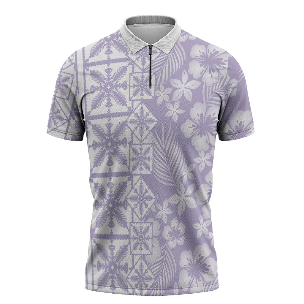Pastel Purple Kahili Quilt Hawaii Zipper Polo Shirt Tropical Flower Seamless Half Style