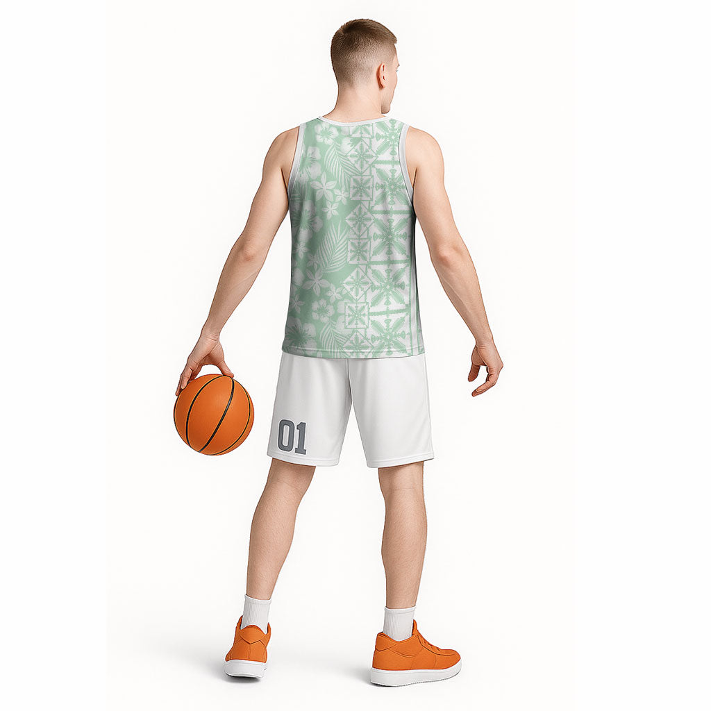 Pastel Green Kahili Quilt Hawaii Basketball Jersey Tropical Flower Seamless Half Style