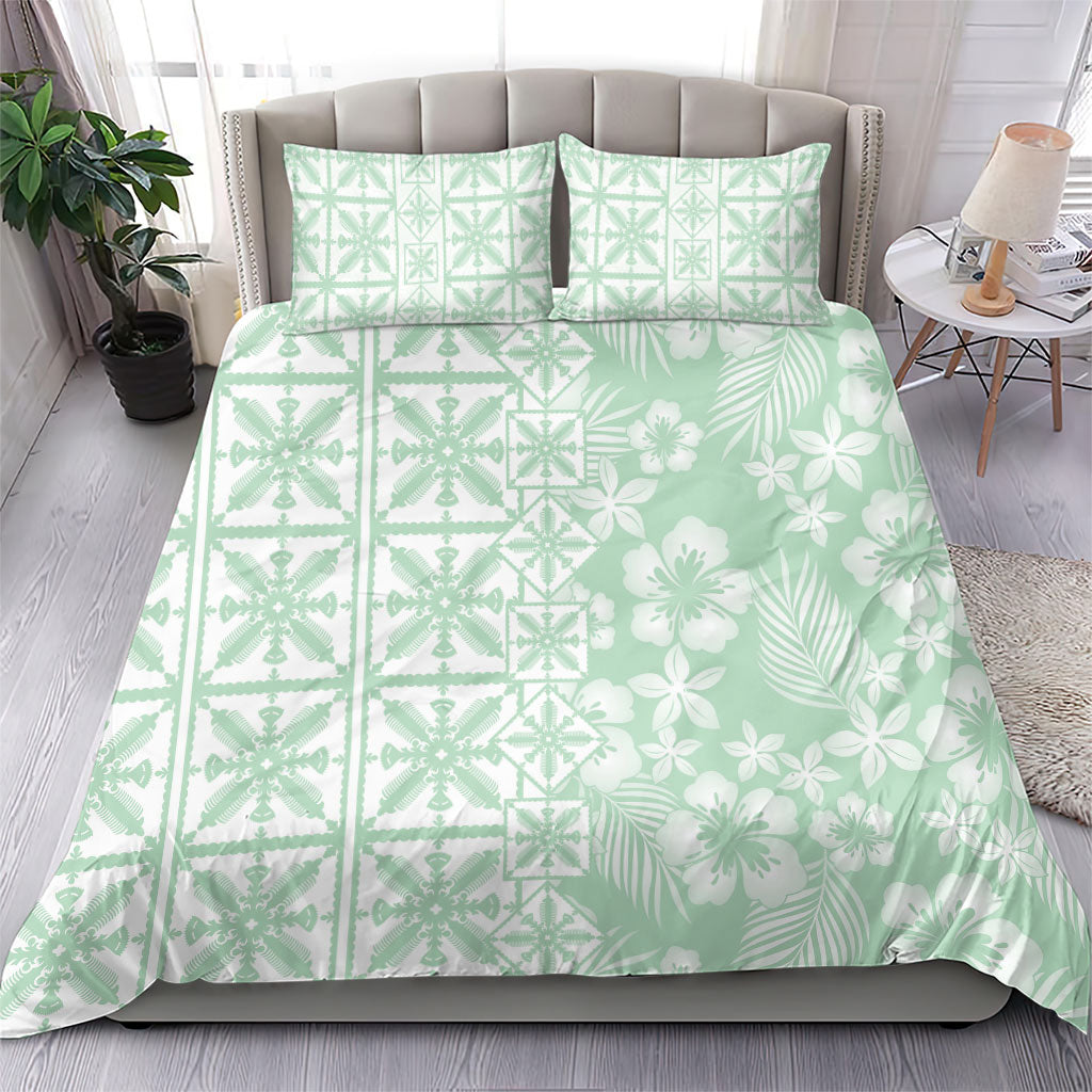 Pastel Green Kahili Quilt Hawaii Bedding Set Tropical Flower Seamless Half Style