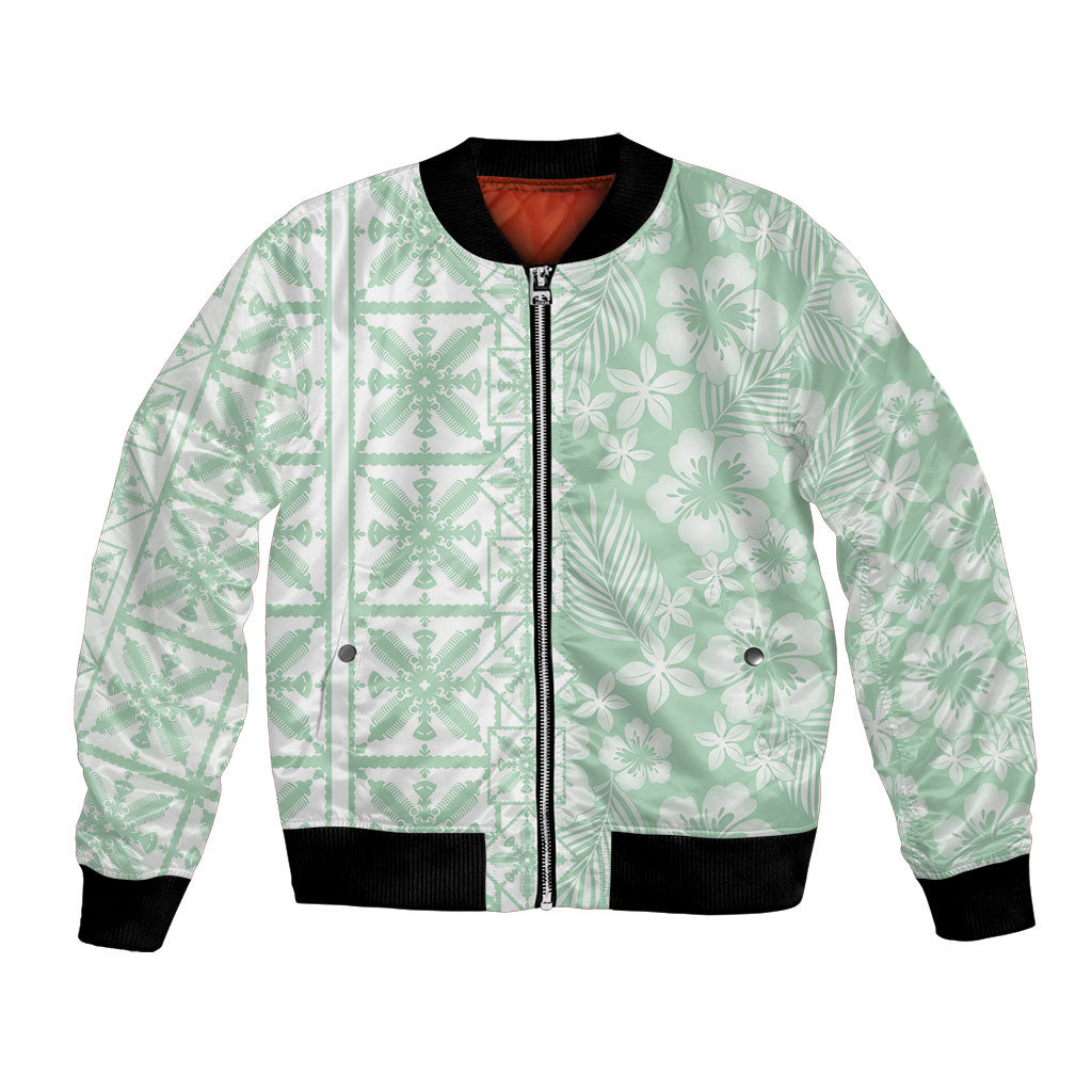 Pastel Green Kahili Quilt Hawaii Bomber Jacket Tropical Flower Seamless Half Style