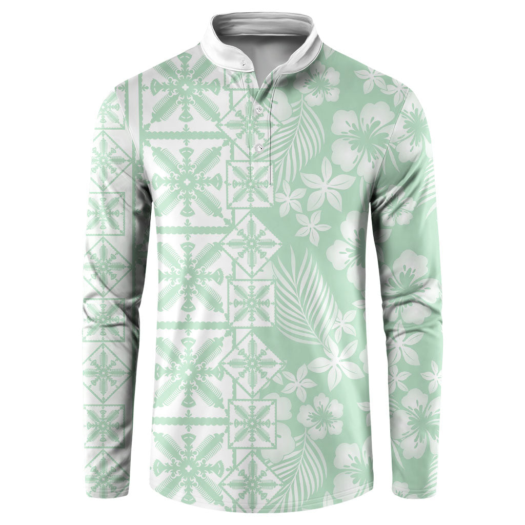 Pastel Green Kahili Quilt Hawaii Button Sweatshirt Tropical Flower Seamless Half Style