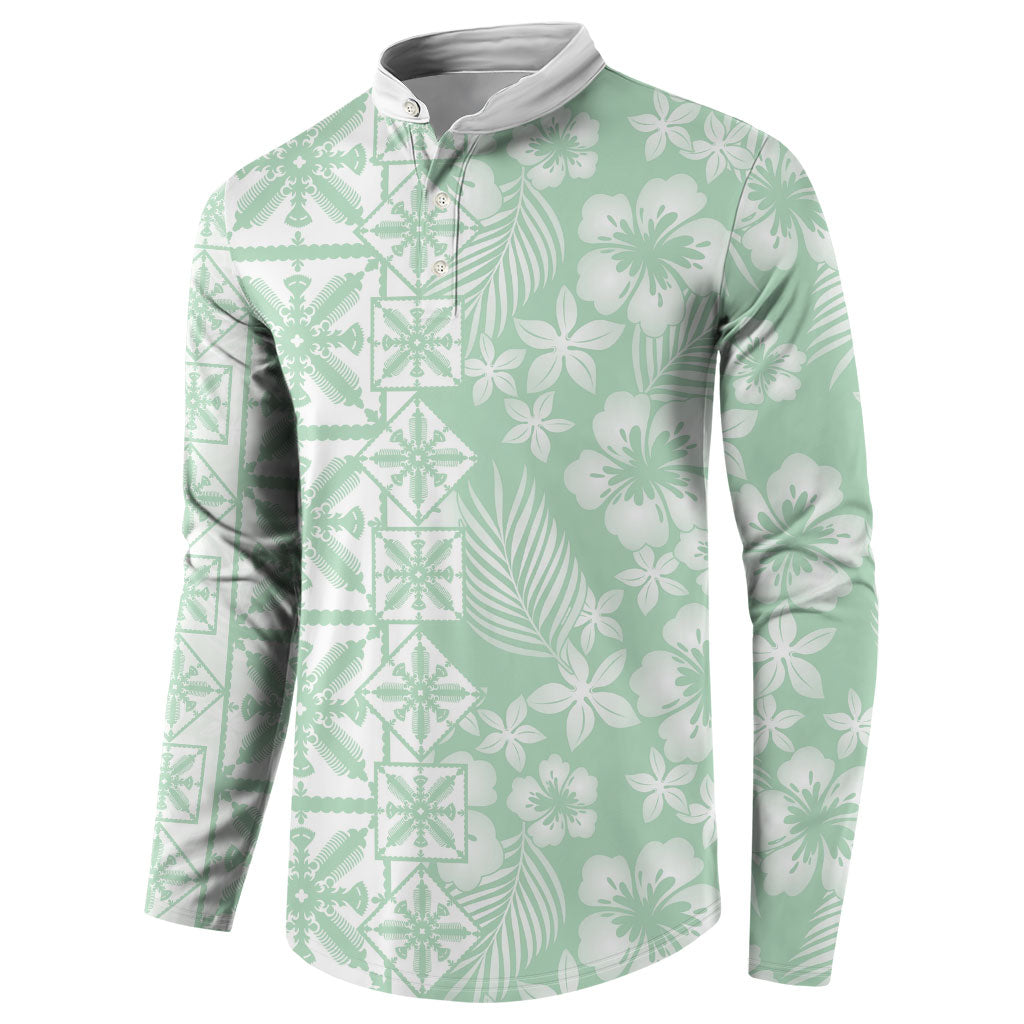 Pastel Green Kahili Quilt Hawaii Button Sweatshirt Tropical Flower Seamless Half Style