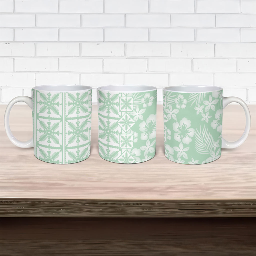 Pastel Green Kahili Quilt Hawaii Ceramic Mug Tropical Flower Seamless Half Style