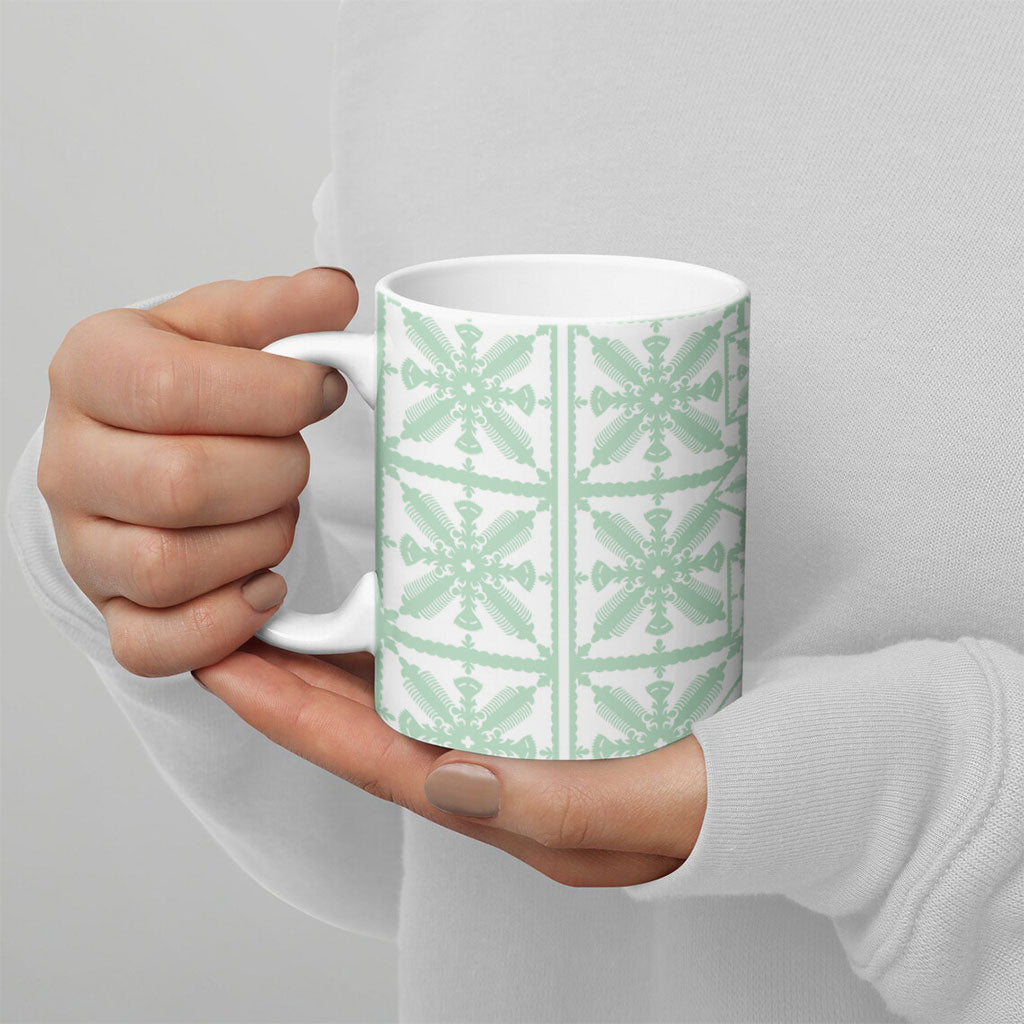 Pastel Green Kahili Quilt Hawaii Ceramic Mug Tropical Flower Seamless Half Style