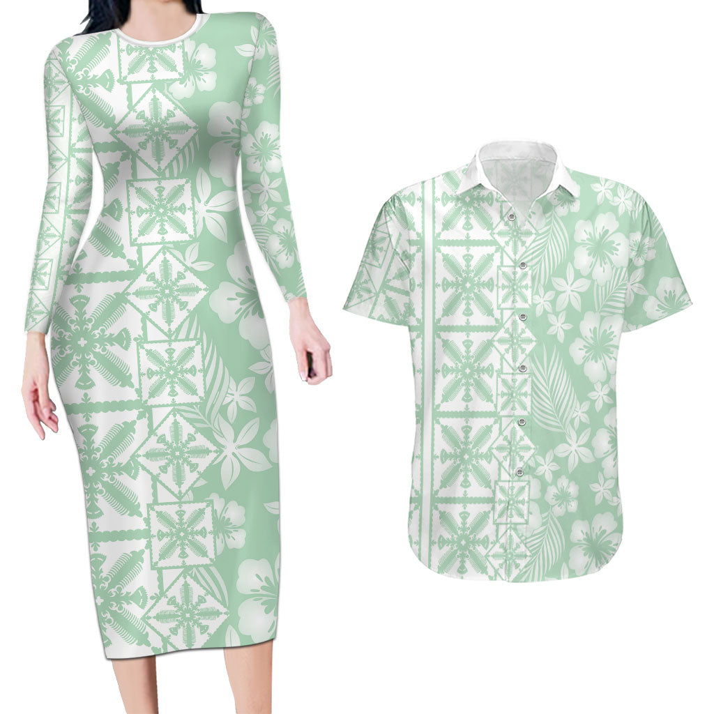 Pastel Green Kahili Quilt Hawaii Couples Matching Long Sleeve Bodycon Dress and Hawaiian Shirt Tropical Flower Seamless Half Style LT14 Green - Polynesian Pride