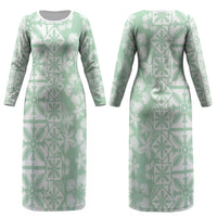 Pastel Green Kahili Quilt Hawaii Couples Matching Long Sleeve Bodycon Dress and Hawaiian Shirt Tropical Flower Seamless Half Style LT14 - Polynesian Pride