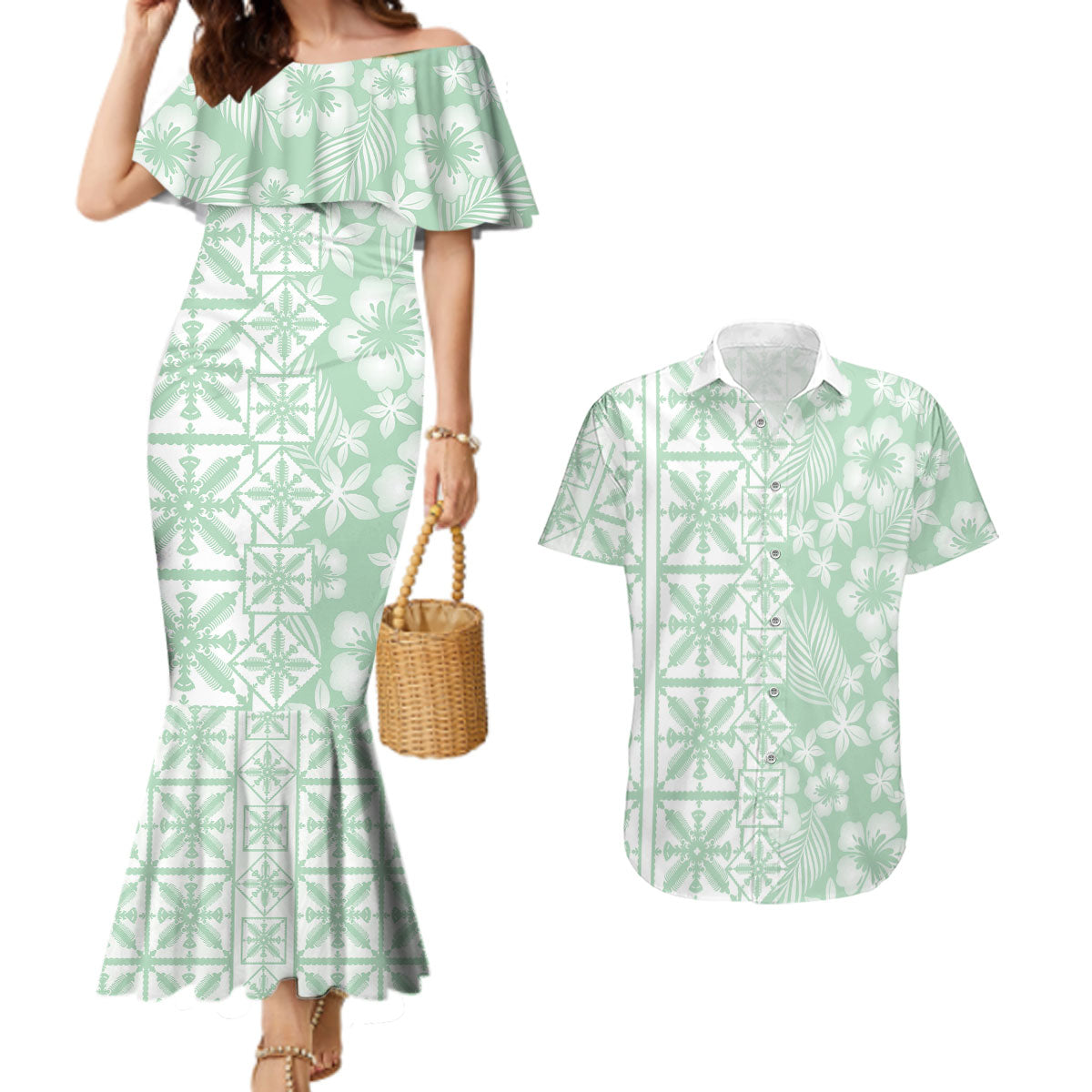 Pastel Green Kahili Quilt Hawaii Couples Matching Mermaid Dress and Hawaiian Shirt Tropical Flower Seamless Half Style