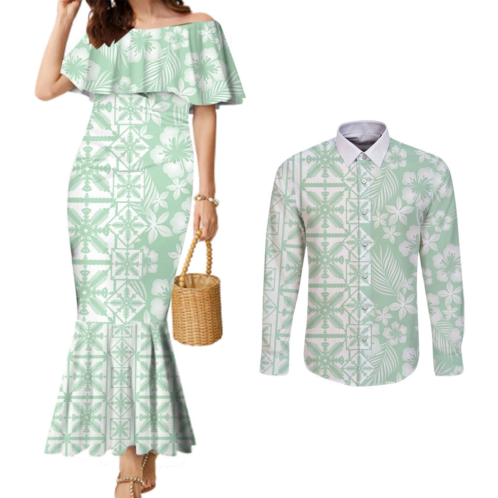 Pastel Green Kahili Quilt Hawaii Couples Matching Mermaid Dress and Long Sleeve Button Shirt Tropical Flower Seamless Half Style LT14 Green - Polynesian Pride