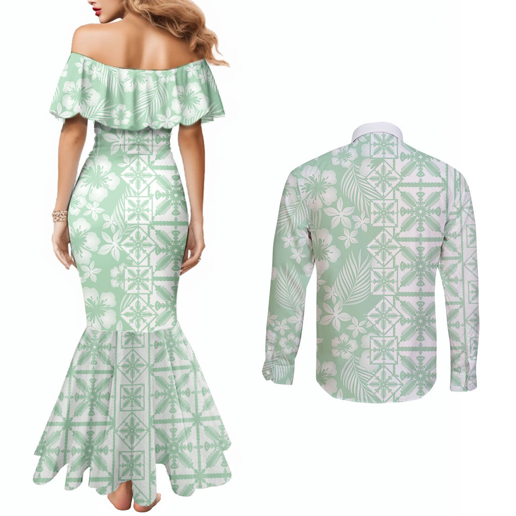 Pastel Green Kahili Quilt Hawaii Couples Matching Mermaid Dress and Long Sleeve Button Shirt Tropical Flower Seamless Half Style