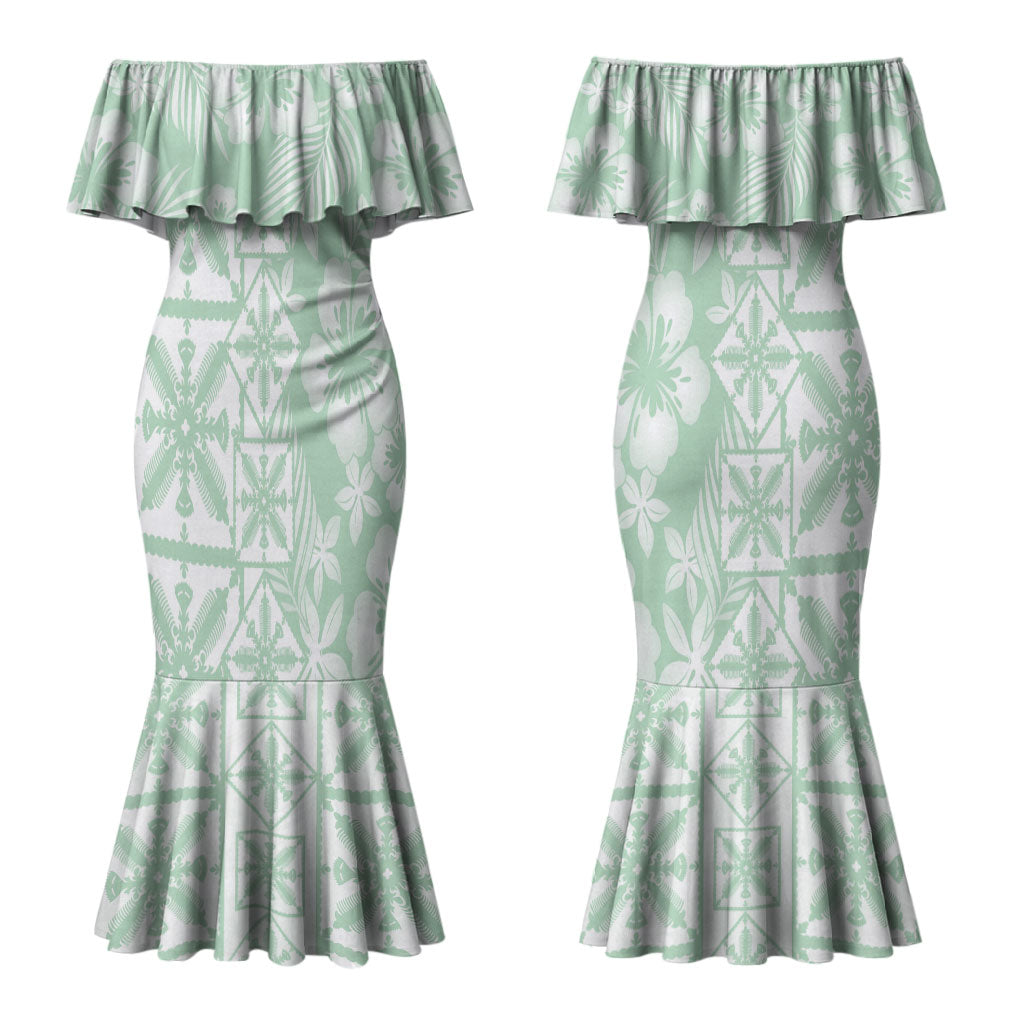 Pastel Green Kahili Quilt Hawaii Couples Matching Mermaid Dress and Long Sleeve Button Shirt Tropical Flower Seamless Half Style LT14 - Polynesian Pride