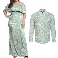 Pastel Green Kahili Quilt Hawaii Couples Matching Off Shoulder Maxi Dress and Long Sleeve Button Shirt Tropical Flower Seamless Half Style