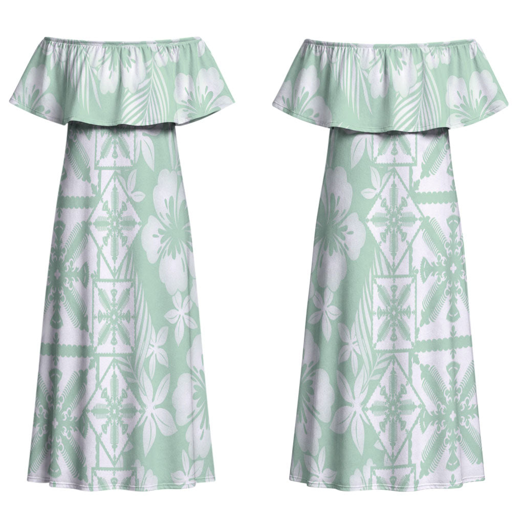 Pastel Green Kahili Quilt Hawaii Couples Matching Off Shoulder Maxi Dress and Long Sleeve Button Shirt Tropical Flower Seamless Half Style LT14 - Polynesian Pride