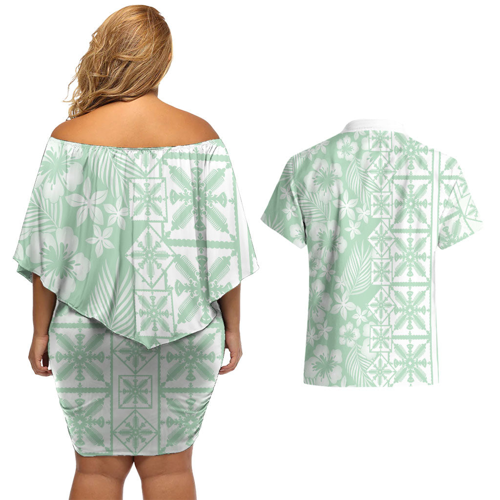 Pastel Green Kahili Quilt Hawaii Couples Matching Off Shoulder Short Dress and Hawaiian Shirt Tropical Flower Seamless Half Style