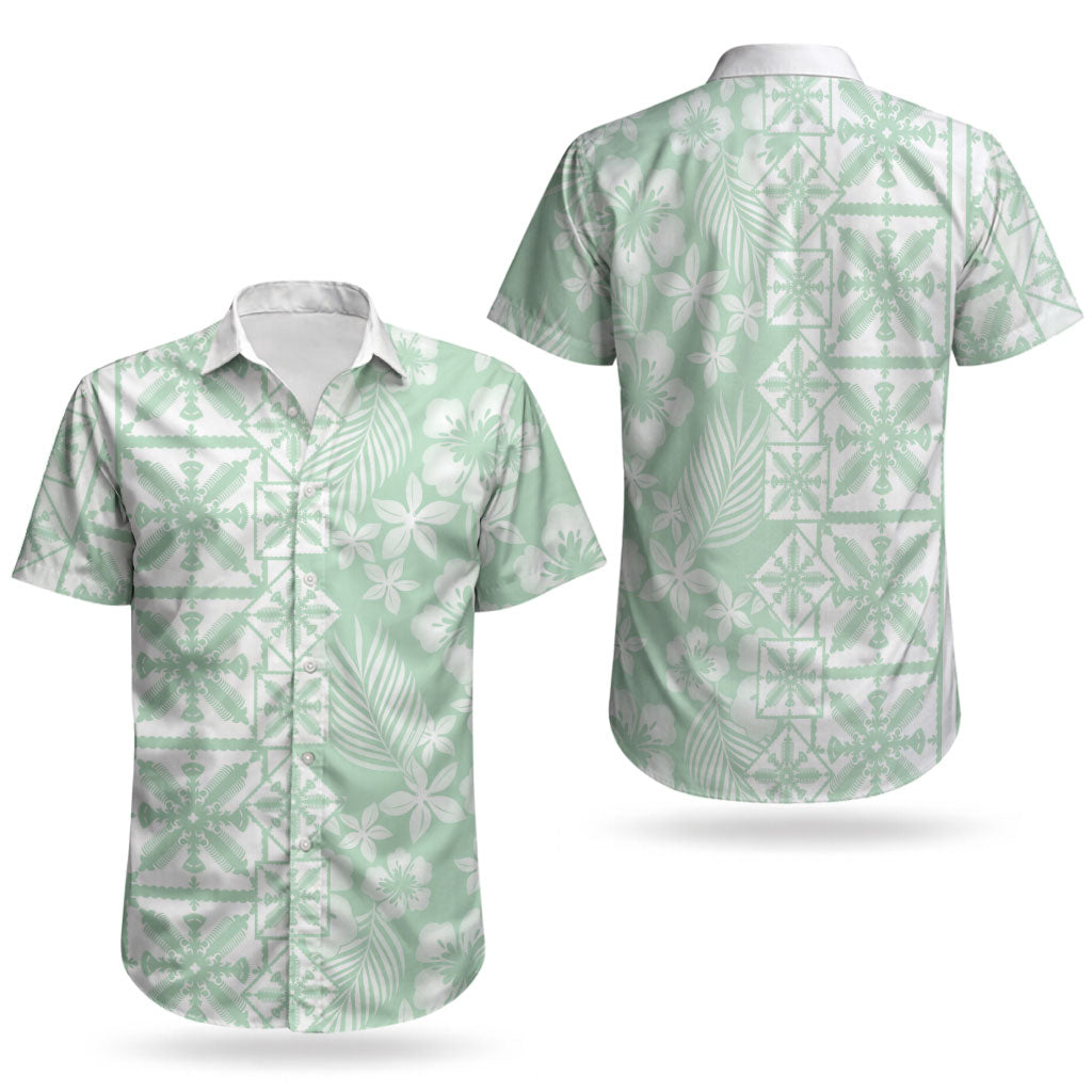 Pastel Green Kahili Quilt Hawaii Couples Matching Off Shoulder Short Dress and Hawaiian Shirt Tropical Flower Seamless Half Style LT14 - Polynesian Pride