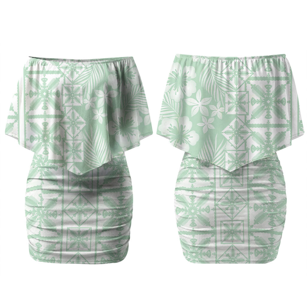 Pastel Green Kahili Quilt Hawaii Couples Matching Off Shoulder Short Dress and Long Sleeve Button Shirt Tropical Flower Seamless Half Style LT14 - Polynesian Pride