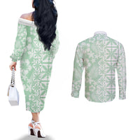 Pastel Green Kahili Quilt Hawaii Couples Matching Off The Shoulder Long Sleeve Dress and Long Sleeve Button Shirt Tropical Flower Seamless Half Style