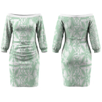 Pastel Green Kahili Quilt Hawaii Couples Matching Off The Shoulder Long Sleeve Dress and Long Sleeve Button Shirt Tropical Flower Seamless Half Style LT14 - Polynesian Pride